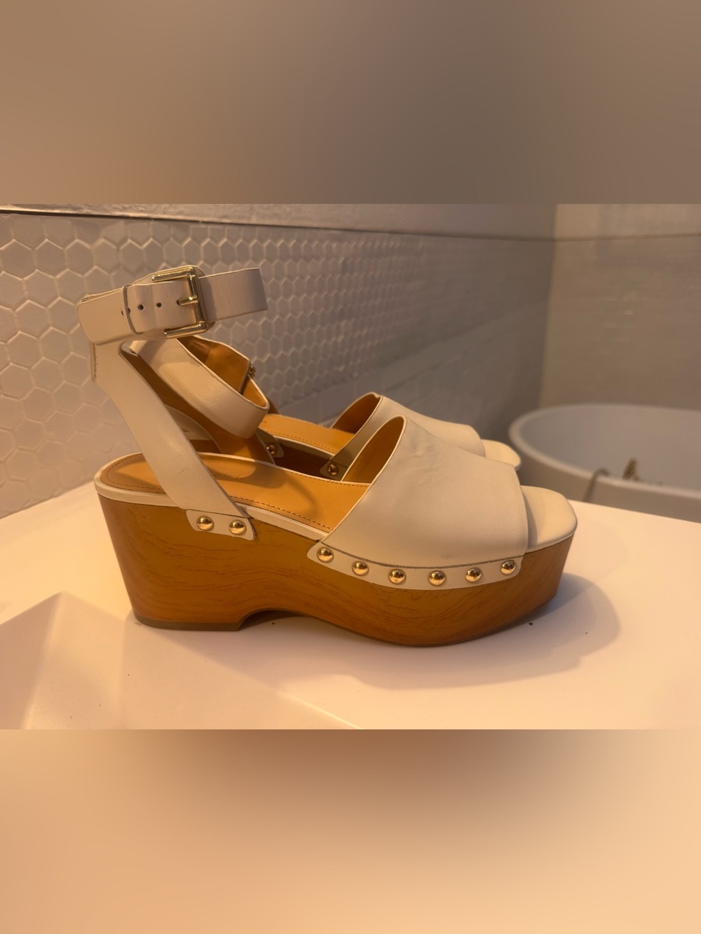 Marc Fisher Cream Leather Platform Open-Toe Clog Sandals W/ Wood Sole 2 Strap 9W
